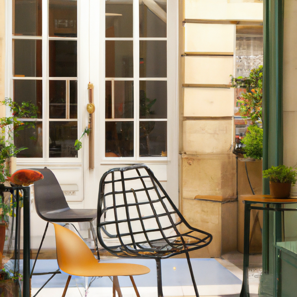 Décoration intérieure moderne avec chaises design, plantes vertes et lumière naturelle dans des tons doux.