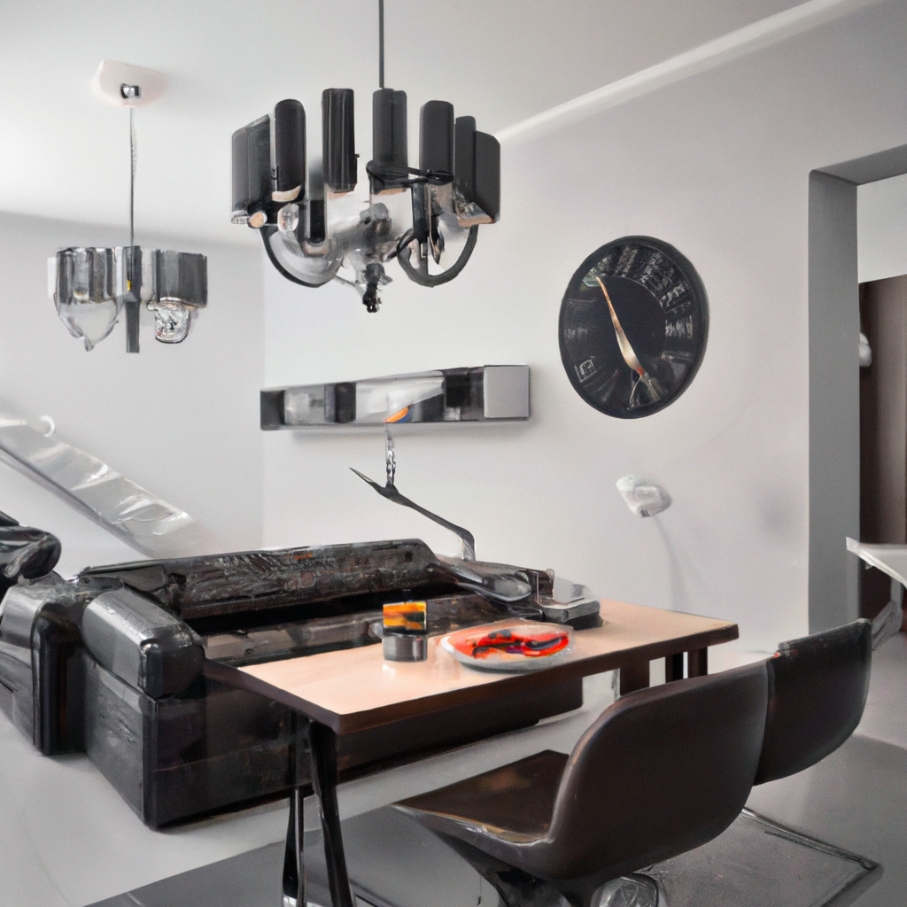 Intérieur moderne avec table en bois, chaises noires, luminaires en métal, horloge contemporaine et ambiance minimaliste.