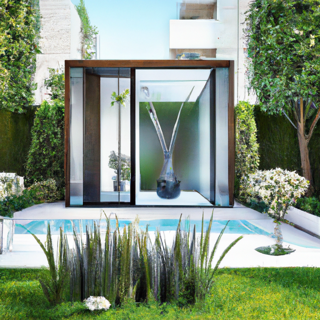 Espace extérieur moderne avec piscine, sculpture contemporaine, verdure luxuriante et architecture en verre et métal.