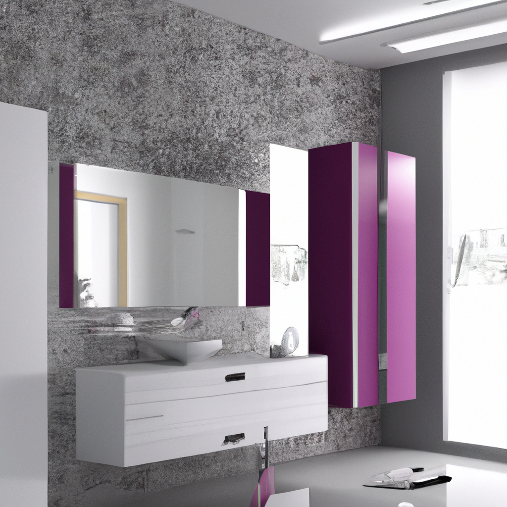 Salle de bains moderne avec des murs gris, meuble blanc, miroir élégant, et armoire violette, ambiance contemporaine.