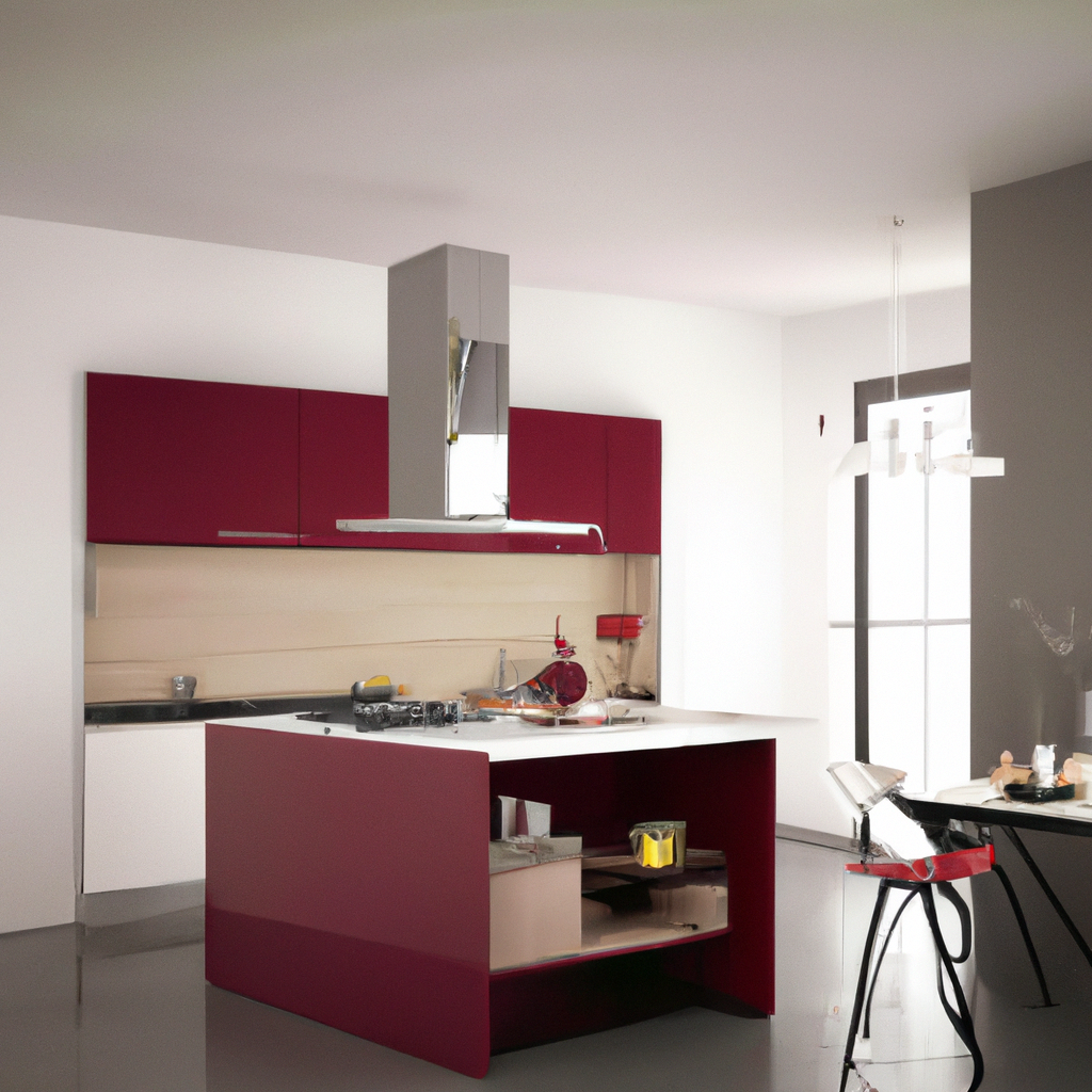 Cuisine moderne avec îlot rouge, meuble en bois clair, accessoires design et ambiance épurée et contemporaine.