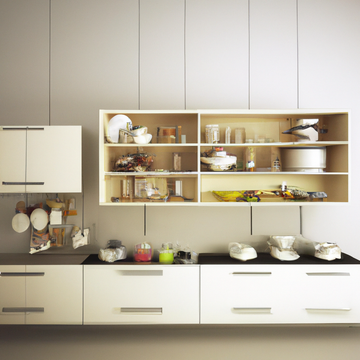 Cuisine moderne en blanc avec étagères en bois, rangement désordonné, ambiance épurée et minimaliste.