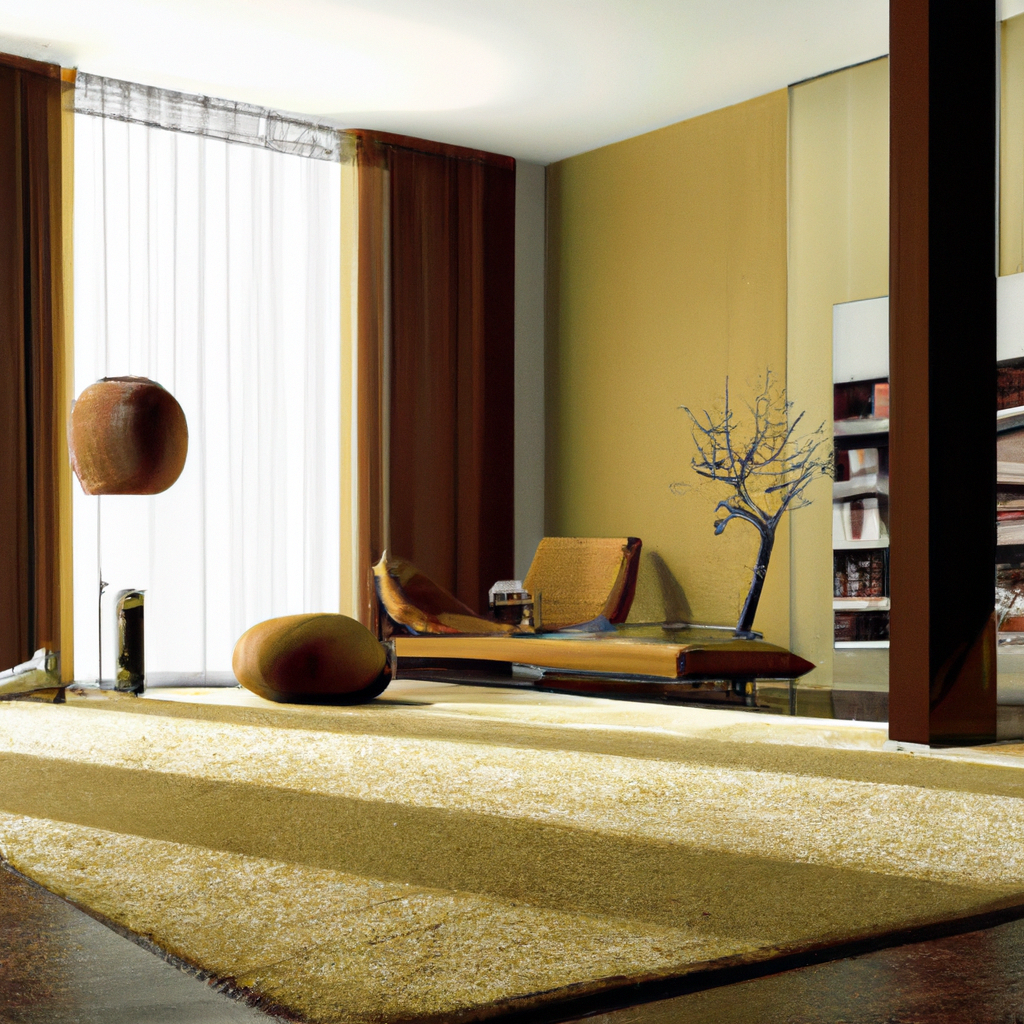 Salon moderne avec murs beige, canapé minimaliste marron et lampe design. Ambiance chaleureuse et épurée.