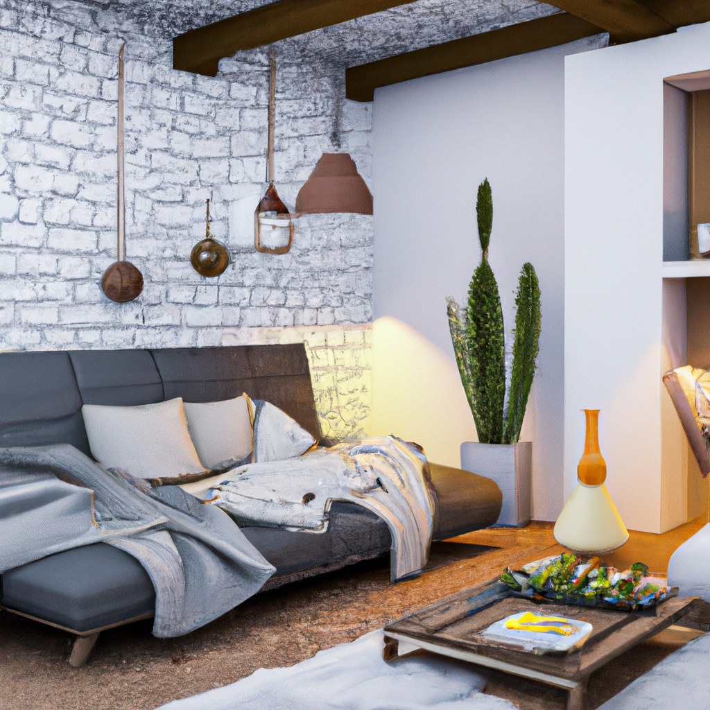 Salon moderne avec mur en briques blanches, canapé gris, touches de vert et objets décoratifs minimalistes.