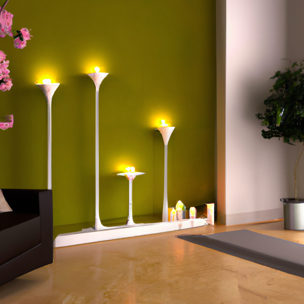 Décoration moderne : lampes blanches stylisées sur mur vert, ambiance apaisante, avec touches de nature.