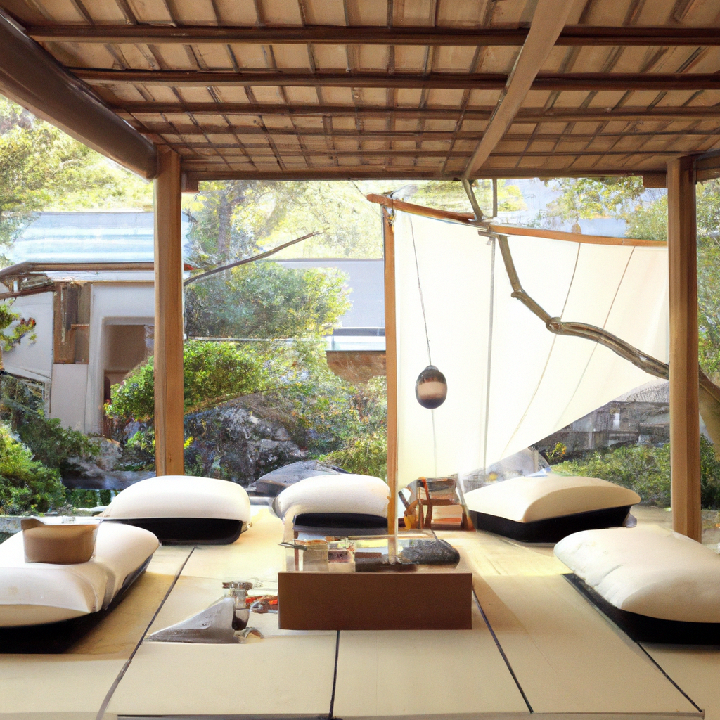 Espace zen intérieur avec matelas blancs, luminaires suspendus et vue sur un jardin, style minimaliste et naturel.