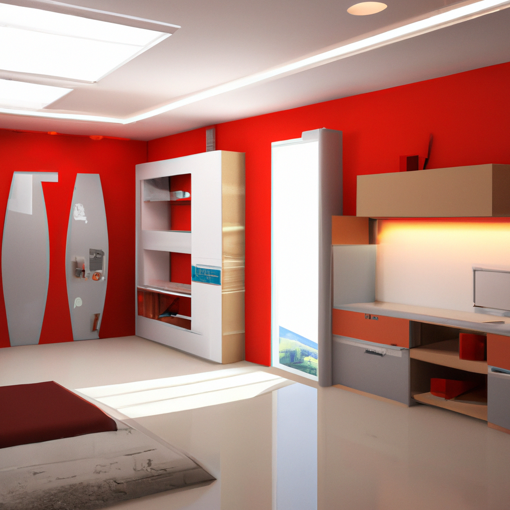 Chambre moderne avec murs rouges, meuble blanc, bureau pratique, ambiance dynamique et contemporaine, éclairage lumineux.