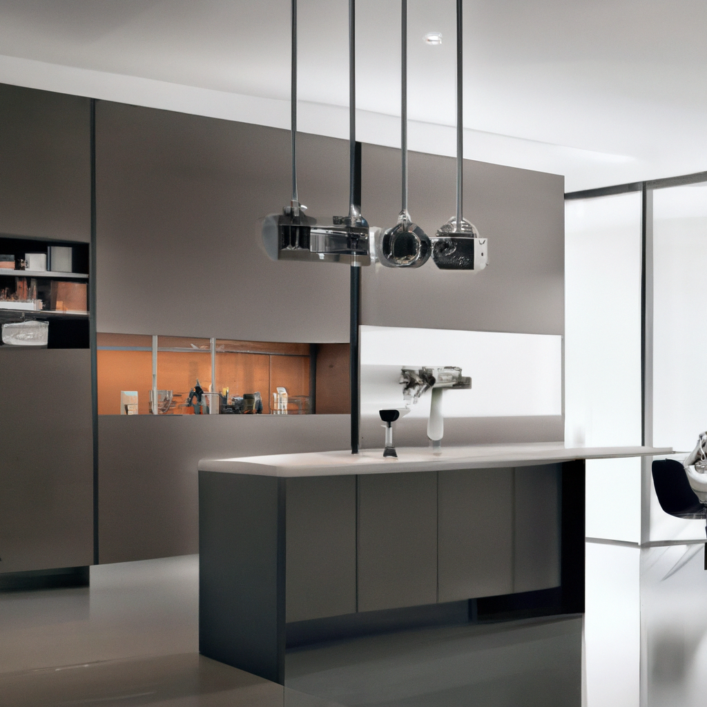 Cuisine moderne au design minimaliste, avec des meubles en gris et blanc, îlot central stylé et éclairage suspendu.