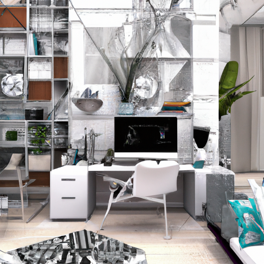 Bureau moderne avec étagères miroir, chaise blanche, plantes vertes, ambiance épurée et lumineuse.