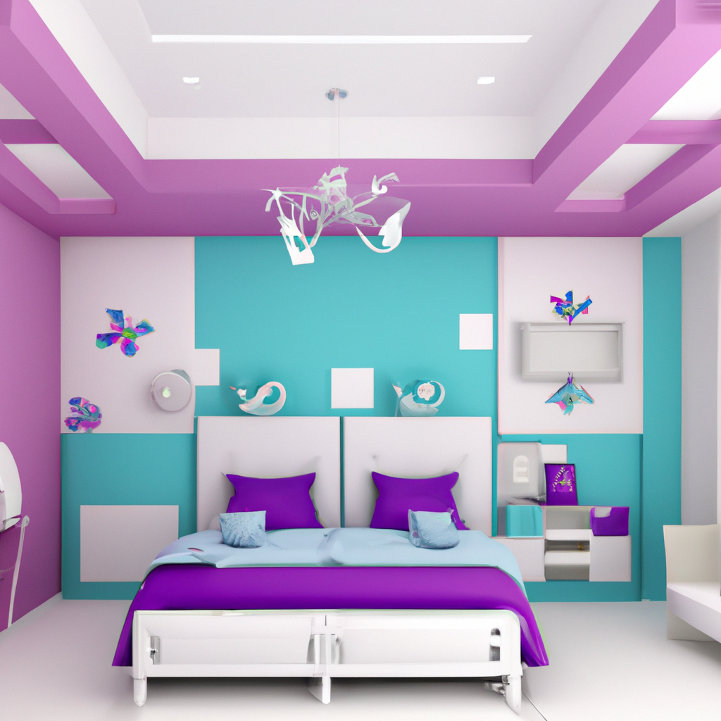 Chambre moderne aux murs turquoise et violet, lit blanc, décor artistique coloré et ambiance lumineuse et joyeuse.