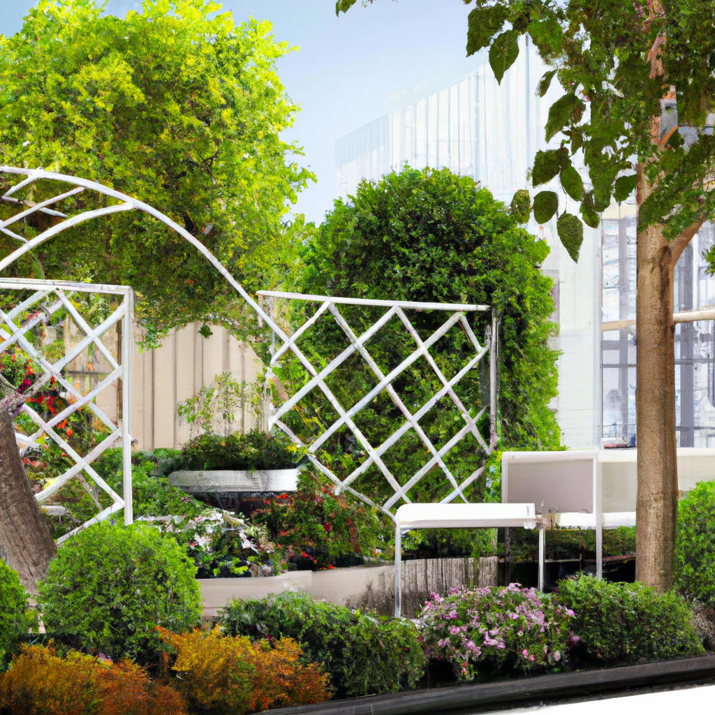Jardin moderne avec treillis blanc, verdure luxuriante et bancs minimalistes, ambiance fraîche et apaisante.