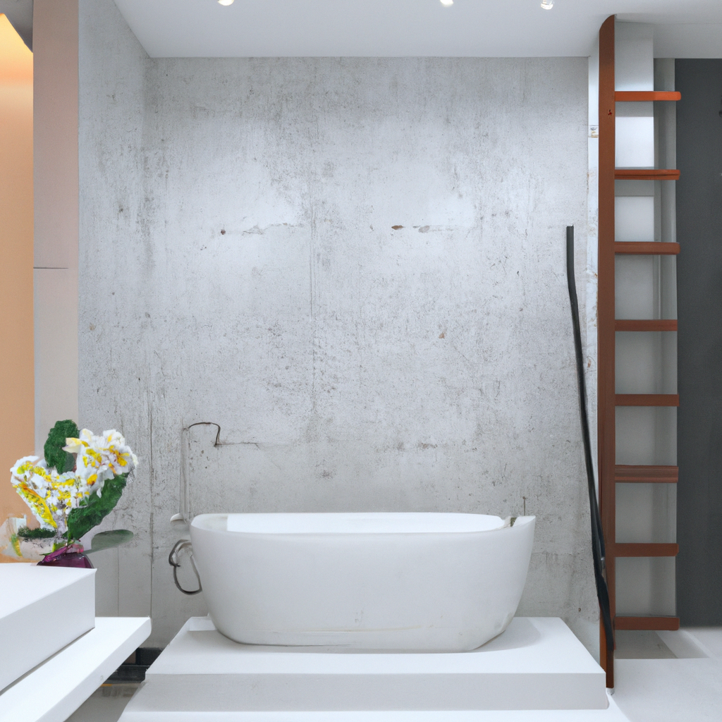 Salle de bain moderne, baignoire blanche sur fond de mur en béton, échelle en bois design, ambiance minimaliste et épurée.