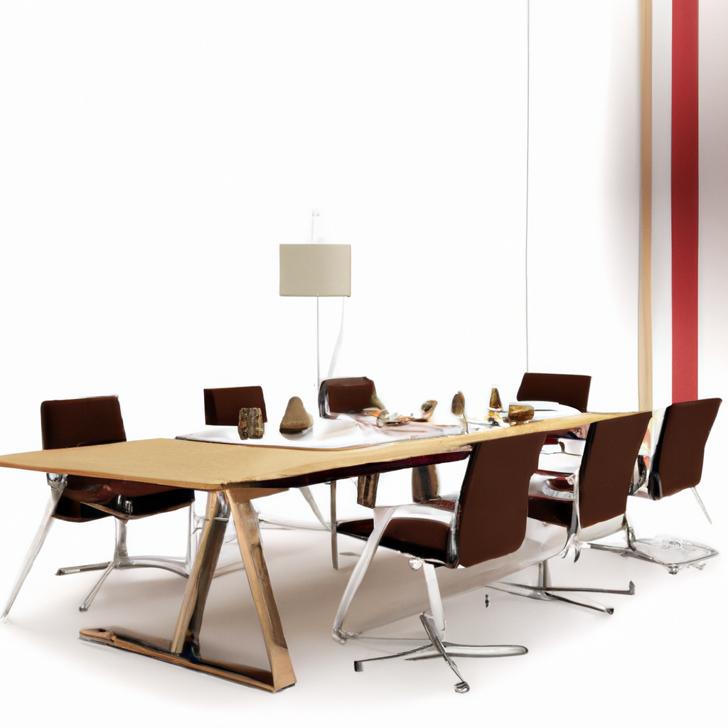 Table contemporaine en bois clair avec chaises en cuir marron, ambiance minimaliste et élégante, luminaires modernes.