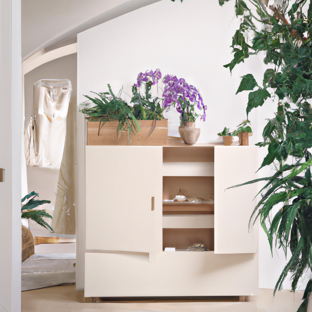 Décoration intérieure moderne avec un meuble blanc aux accents bois, entouré de plantes vertes et d'orchidées violettes.