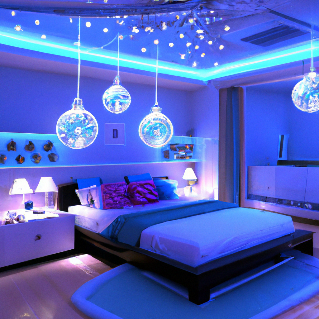 Chambre moderne aux teintes bleues, lit épuré, éclairage suspendu élégant et ambiance zen.