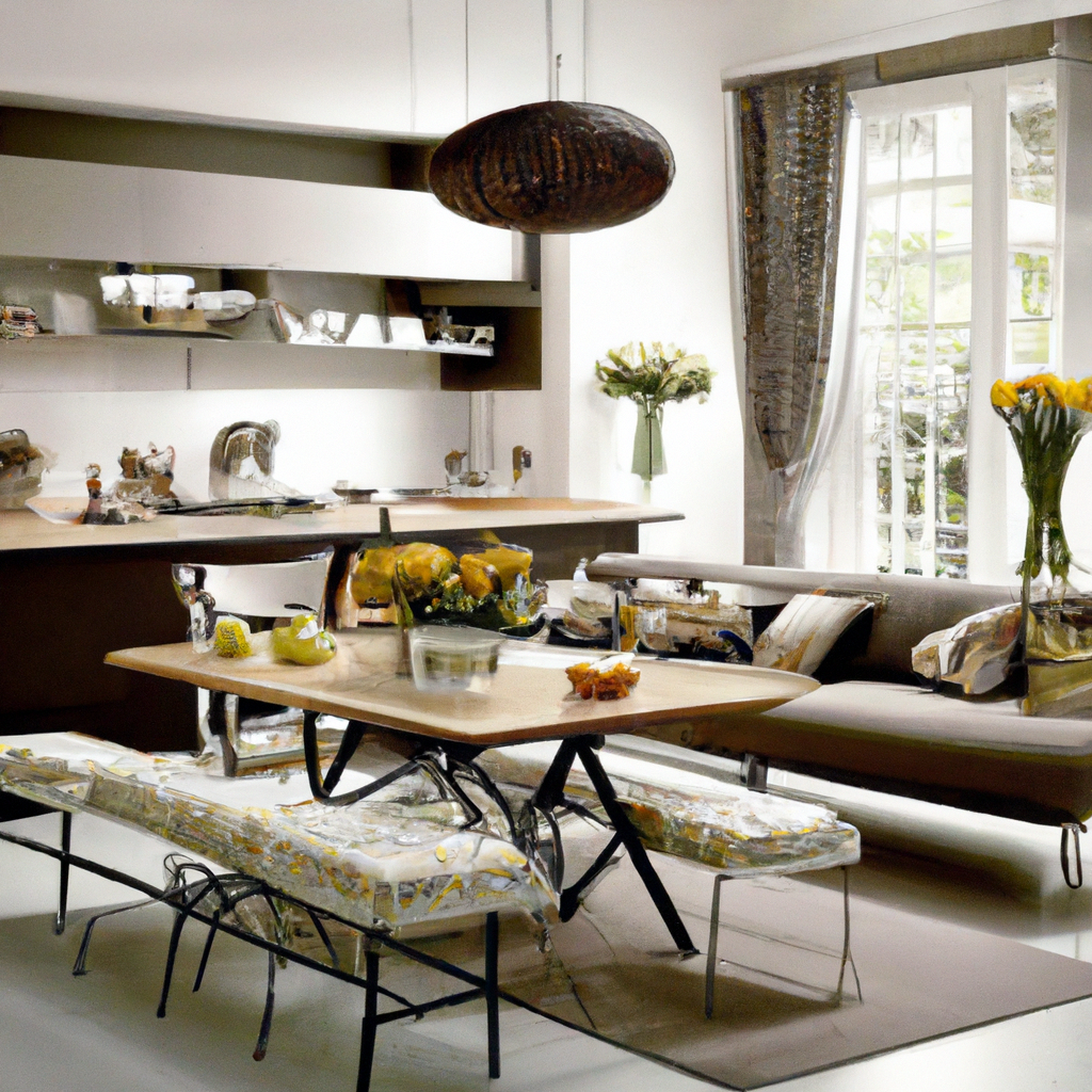 Intérieur moderne avec cuisine ouverte, table en bois clair, canapé gris, décor épuré et plantes fleuries. Ambiance lumine...