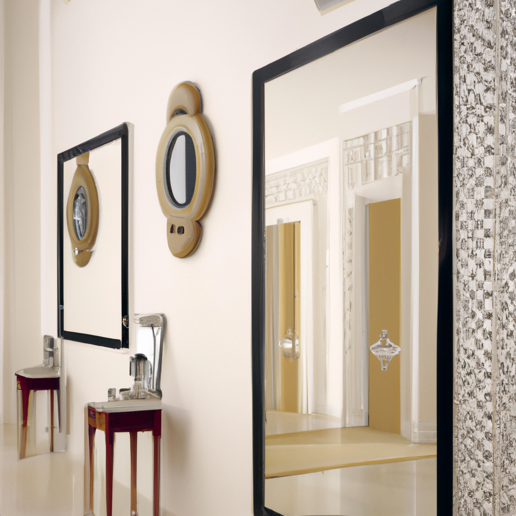 Miroirs modernes au cadre noir et doré, tables élégantes, ambiance chic et contemporaine, murs clairs.