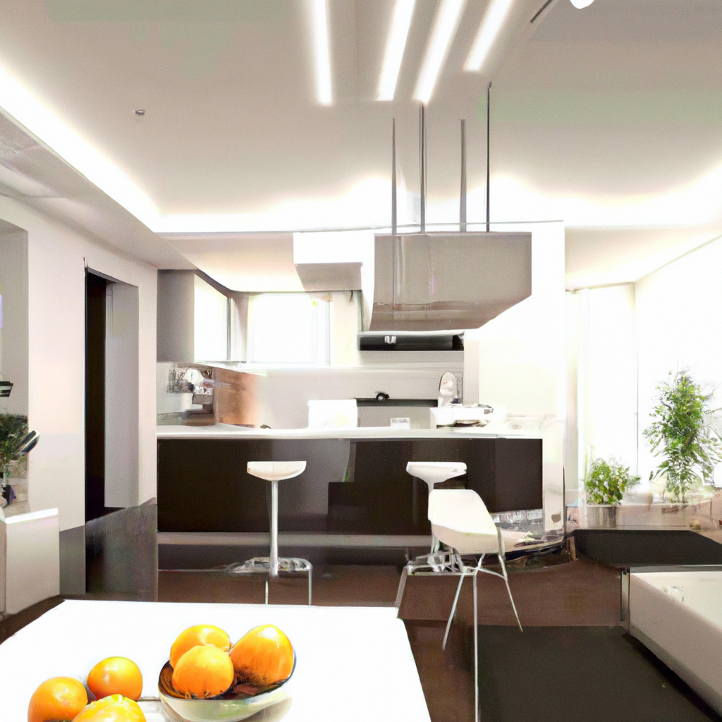 Cuisine moderne et lumineuse avec îlot central, bar en cuir blanc, murs gris et accents végétaux. Ambiance contemporaine.