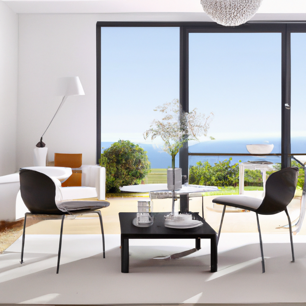 Salon moderne en blanc et noir, canapé minimaliste, chaises design, vue sur mer, ambiance lumineuse et épurée.