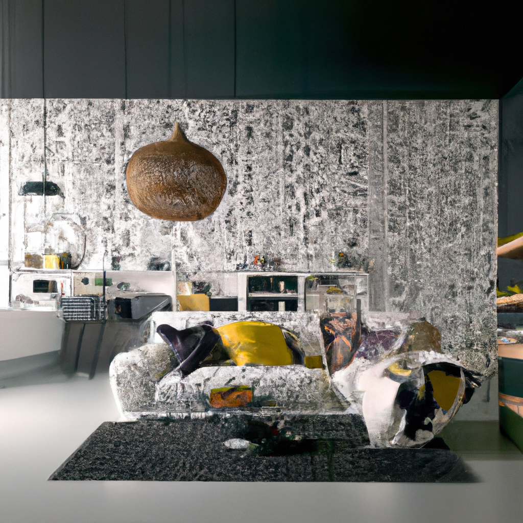 Salon moderne avec grand canapé coloré, décor mural texturé, ambiance épurée et lumière douce.