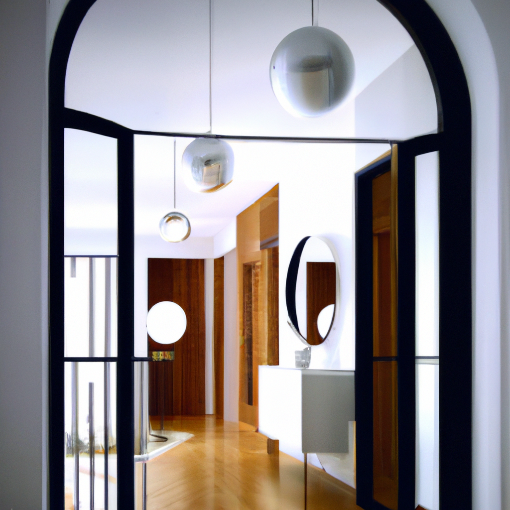 Entrée moderne avec murs blancs, sol en bois, meubles élégants, éclairage suspendu et miroir rond. Ambiance minimaliste.