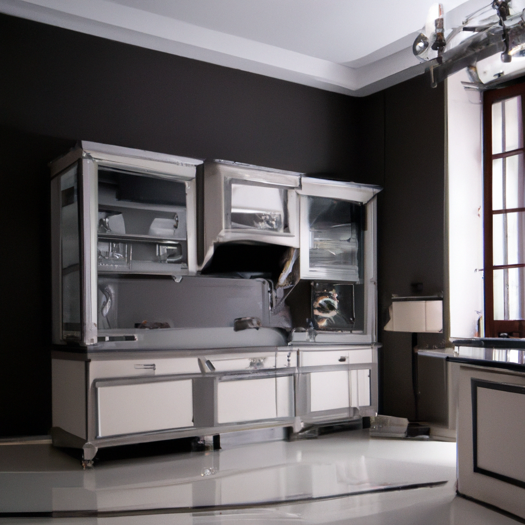 Cuisine moderne avec un meuble en acier inoxydable, murs sombres et ambiante minimaliste élégante.