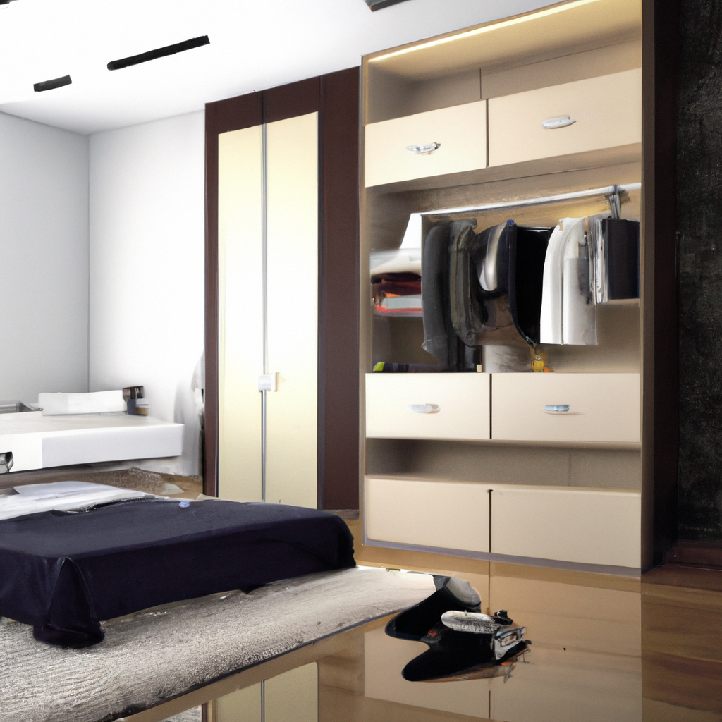 Chambre moderne avec meubles beige, lit minimalist et grand miroir, ambiance épurée et élégante.