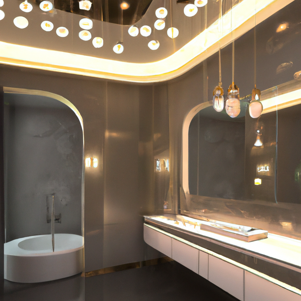 Salle de bain moderne avec murs gris brillants, baignoire ronde et suspensions lumineuses élégantes. Ambiance épurée et chic.