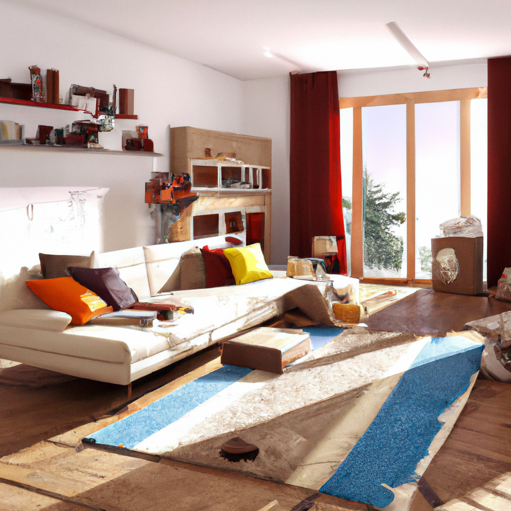 Salon moderne avec canapé blanc, coussins colorés, tapis turquoise, lumière naturelle, décor boho chic.