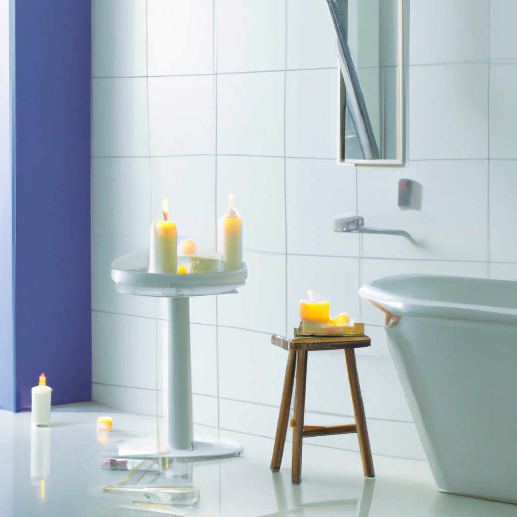 Salle de bain moderne avec carreaux blancs, baignoire élégante, bougies lumineuses et mobilier minimaliste en bois.
