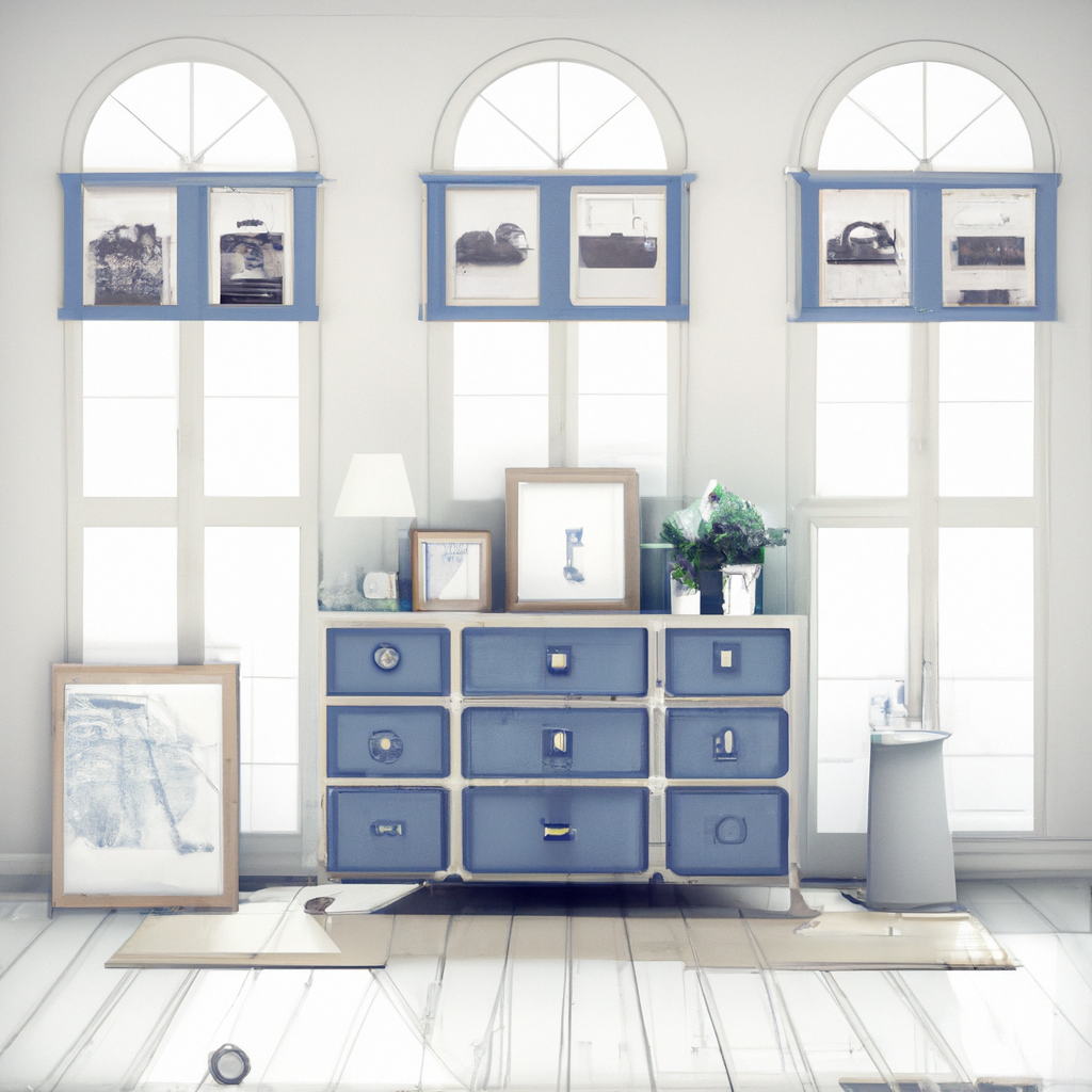 Décoration intérieure moderne avec commode bleue, fenêtres blanches, cadres photo et ambiance lumineuse et épurée.