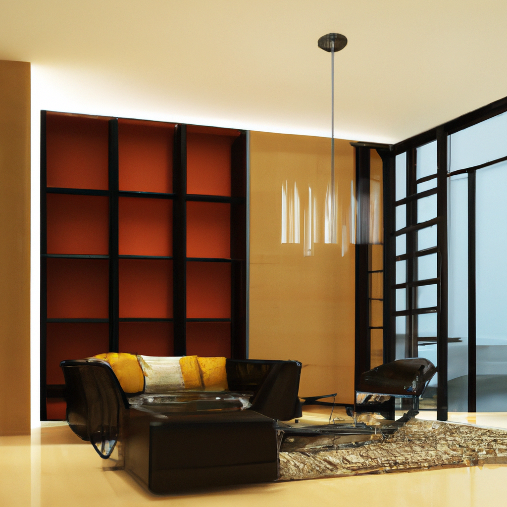 Salon moderne avec canapé noir, coussins jaunes, étagères rouges, et lampe suspendue, ambiance élégante et lumineuse.