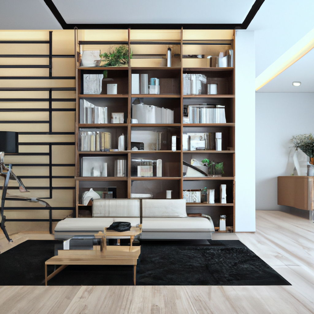 Intérieur moderne avec bibliothèque en bois, canapé clair, tapis noir et touches de verdure pour une ambiance minimaliste.