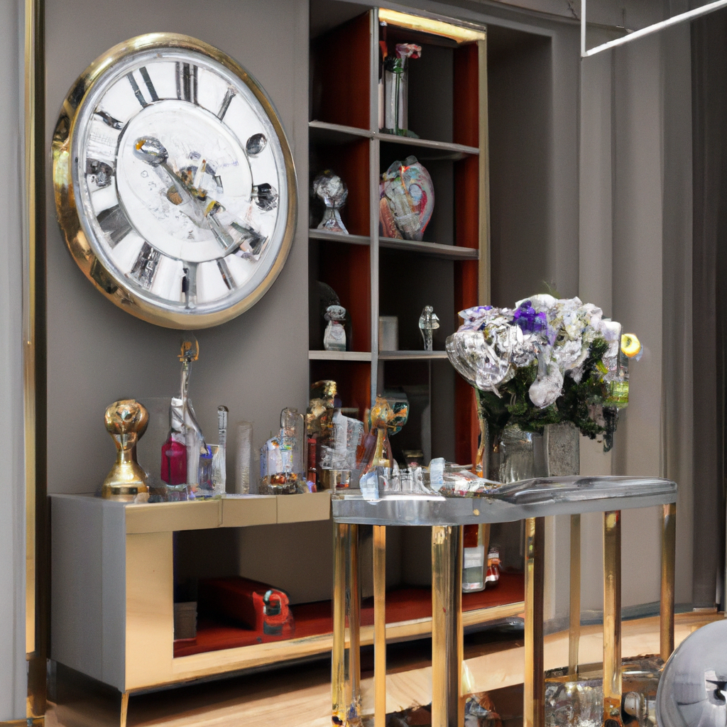 Élégante décoration intérieure avec horloge vintage, meuble doré, étagères modernes et vase de fleurs colorées.