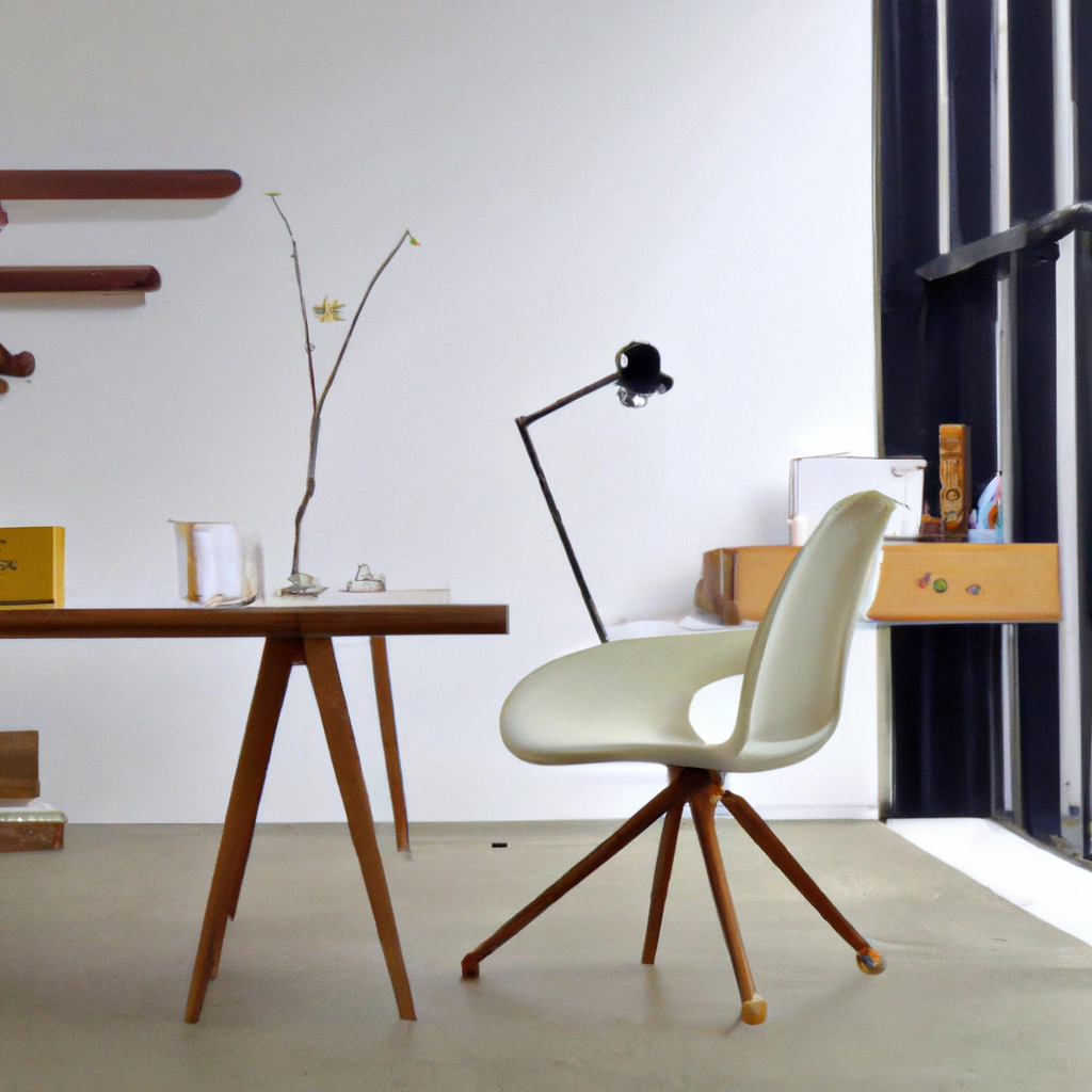 Bureau moderne en bois avec chaise blanche, lampe noire, et décoration minimaliste, ambiance lumineuse et épurée.