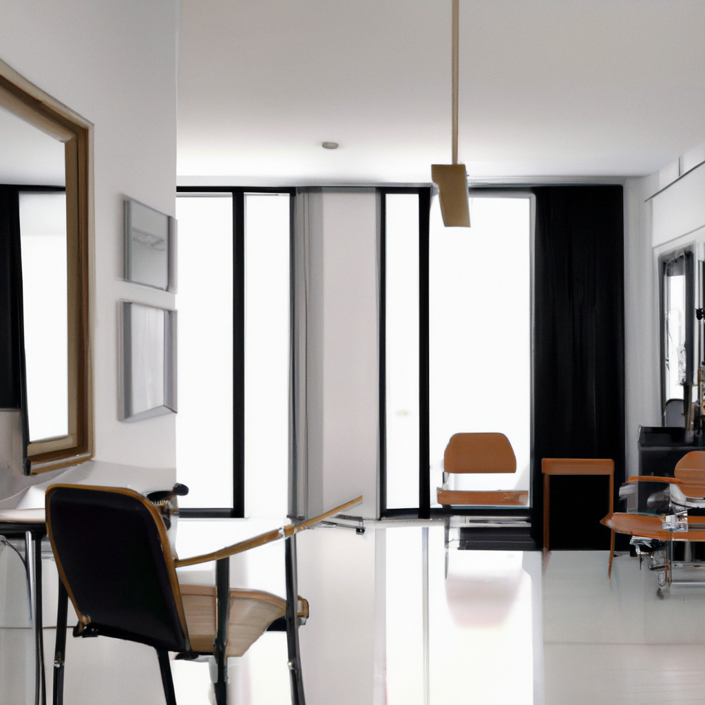 Intérieur moderne lumineux, fauteuils en bois, murs blancs, grandes fenêtres, ambiance épurée et minimaliste.