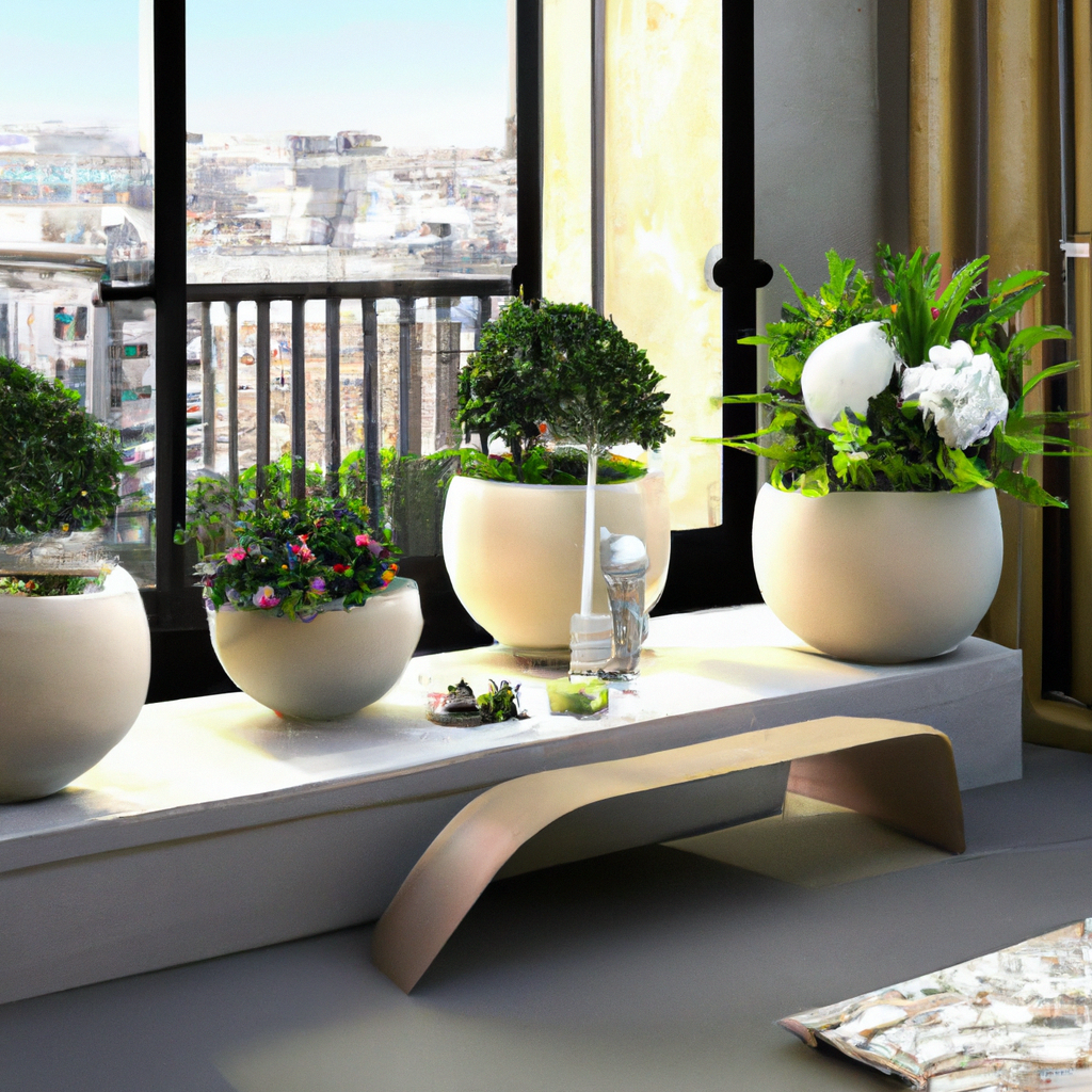 Intérieur moderne avec plantes vertes, pots élégants, table minimaliste et vue urbaine lumineuse. Ambiance chaleureuse.