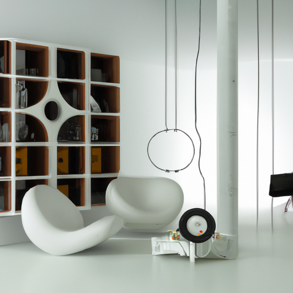 Intérieur moderne avec fauteuil blanc, étagère sculpturale, ambiance minimaliste et lignes épurées, éclairage artistique.