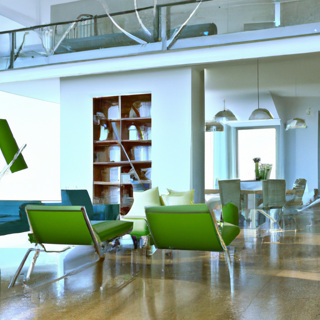Intérieur moderne avec meubles verts, sol en bois clair, étagères ouvertes et luminaires suspendus. Ambiance épurée et lum...