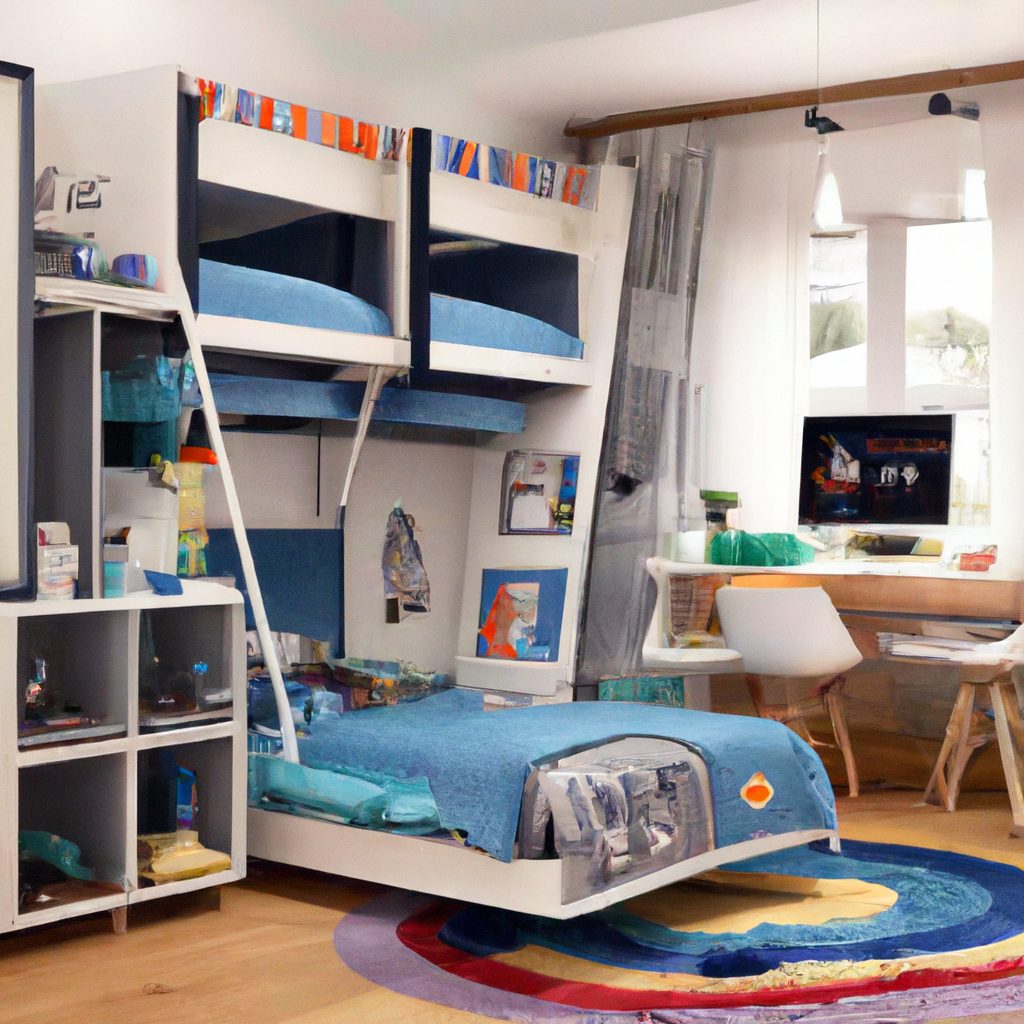 Chambre moderne avec lits superposés bleus, bureau en bois clair, mobilier minimaliste et ambiance créative.