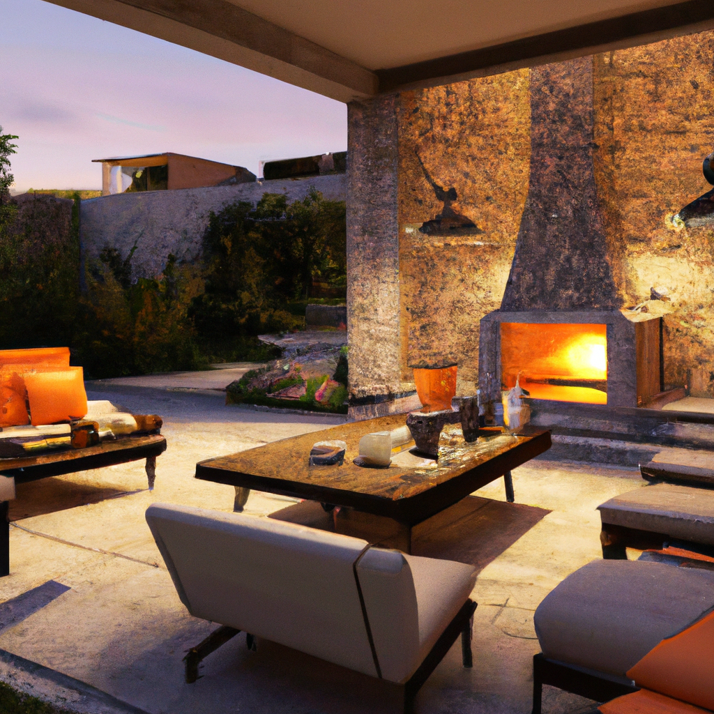 Salon extérieur moderne avec cheminée, canapés beiges et coussins orange, ambiance chaleureuse au crépuscule.