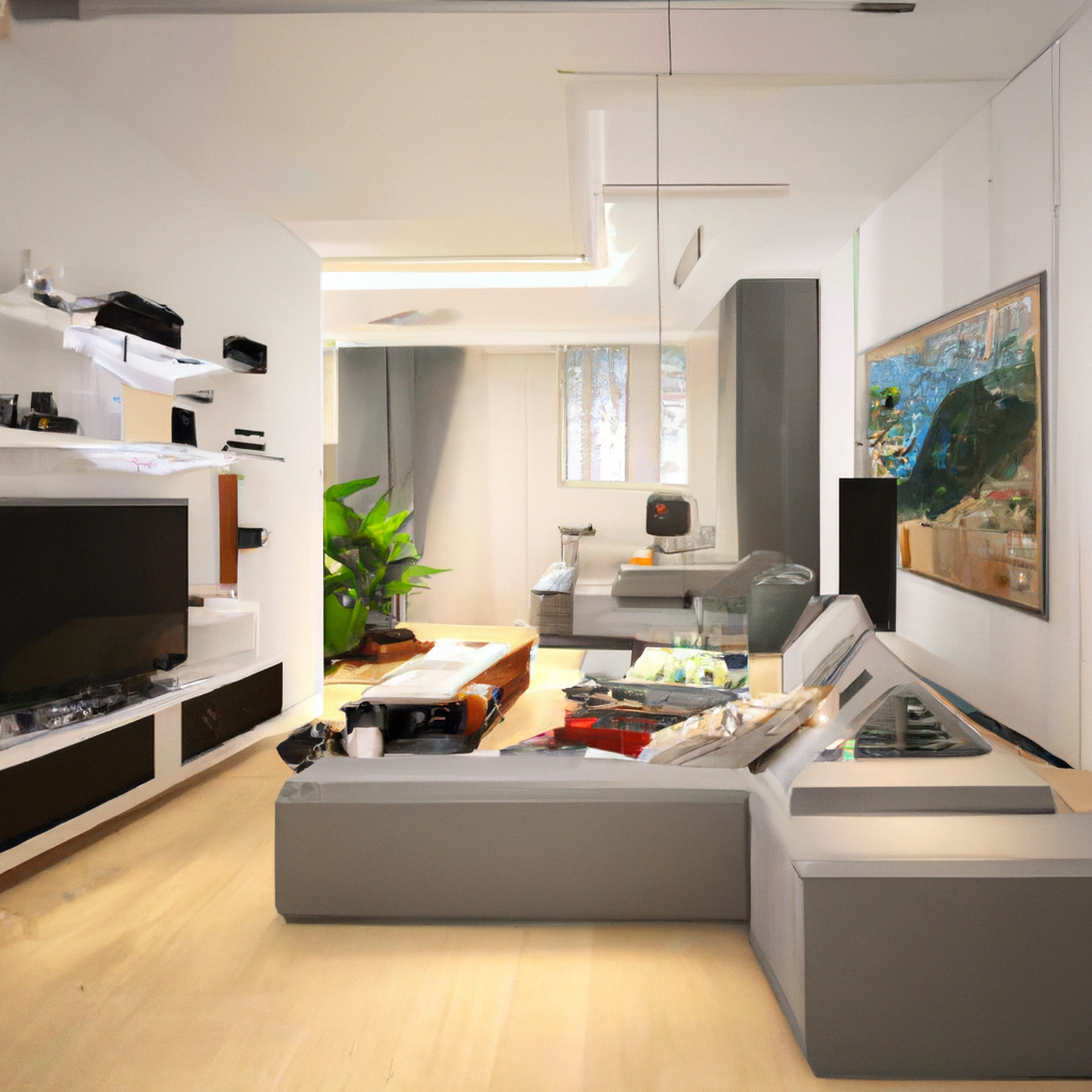 Salon moderne minimaliste avec un canapé gris, un meuble TV en bois, des plantes vertes et une ambiance lumineuse et épurée.