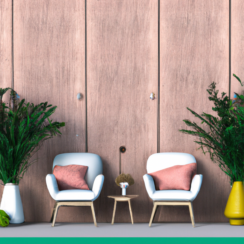 Intérieur moderne avec deux fauteuils blancs, coussins roses, table en bois, plantes vertes et mur en bois naturel.