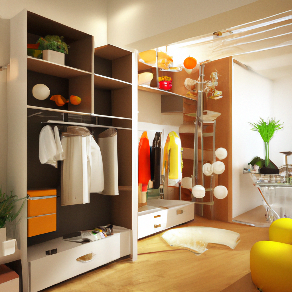 Aménagement intérieur moderne avec dressing coloré, meubles en bois clair et touches de verdure. Ambiance lumineuse et cha...