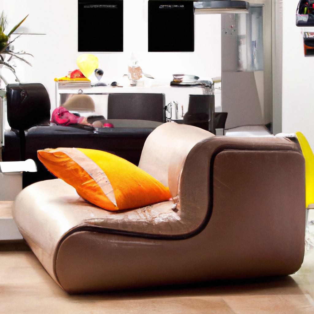 Canapé contemporain beige avec coussin orange, ambiance moderne et épurée, meubles noirs et décor minimaliste en arrière-p...