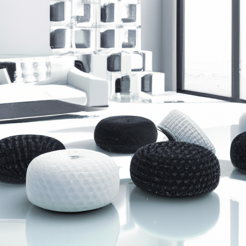 Intérieur moderne minimaliste avec poufs noir et blanc, surfaces brillantes et lumière naturelle, ambiance épurée et conte...