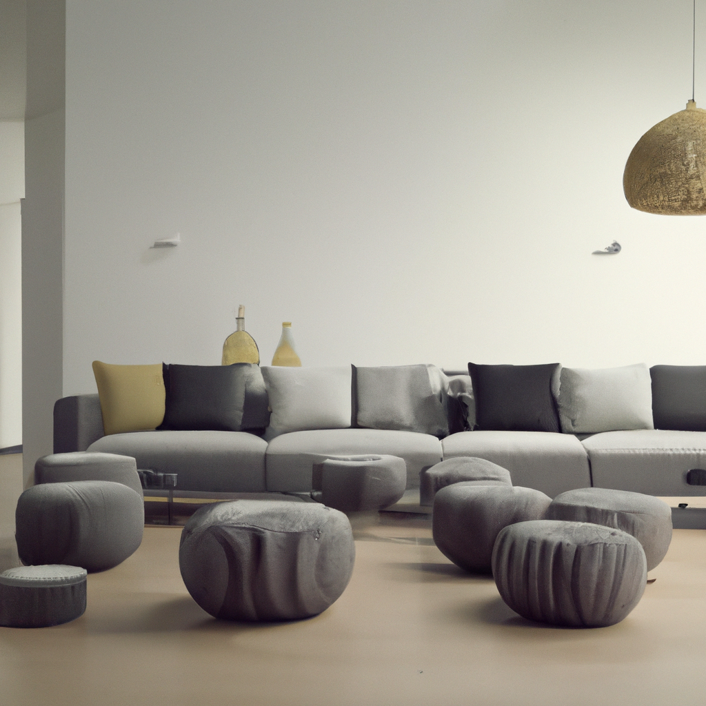 Intérieur moderne avec canapé gris, coussins jaune et gris, poufs ronds en tissu gris, et suspension en rotin.