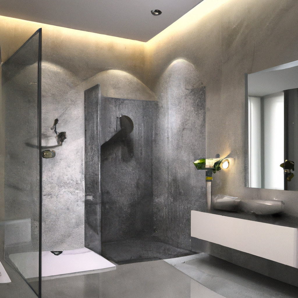 Salle de bain moderne avec douche en béton, éclairage LED subtil, miroir contemporain et lavabos minimalistes.