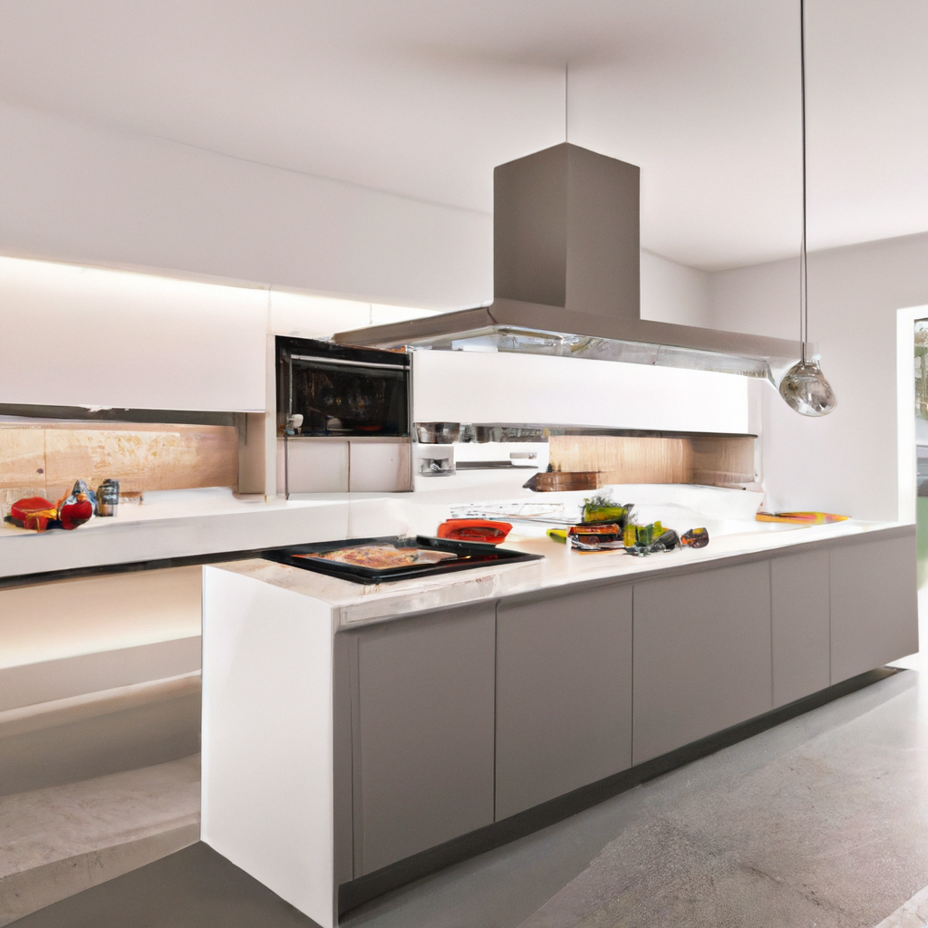 Cuisine moderne minimaliste en gris clair avec îlot central, éclairage LED intégré et finition en marbre. Ambiance épurée ...