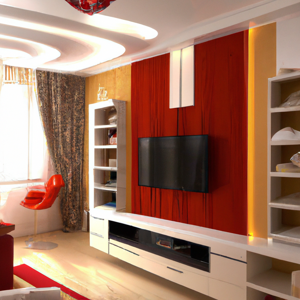 Salon moderne avec mur rouge, meuble TV blanc, fauteuil orange, lumière douce et rideaux motifs floraux. Ambiance chic.